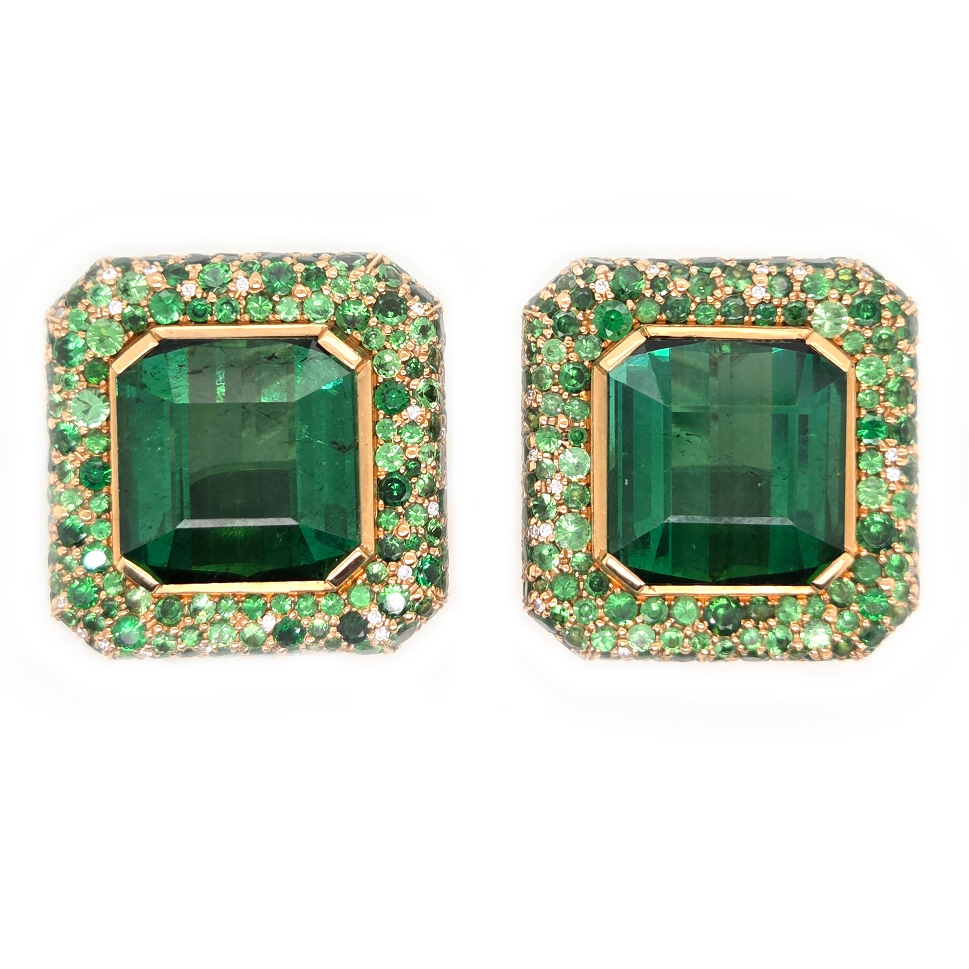 Fochtmann Green Tourmaline Tsavorite Garnet and Diamond Square Cluster Clip Earrings
