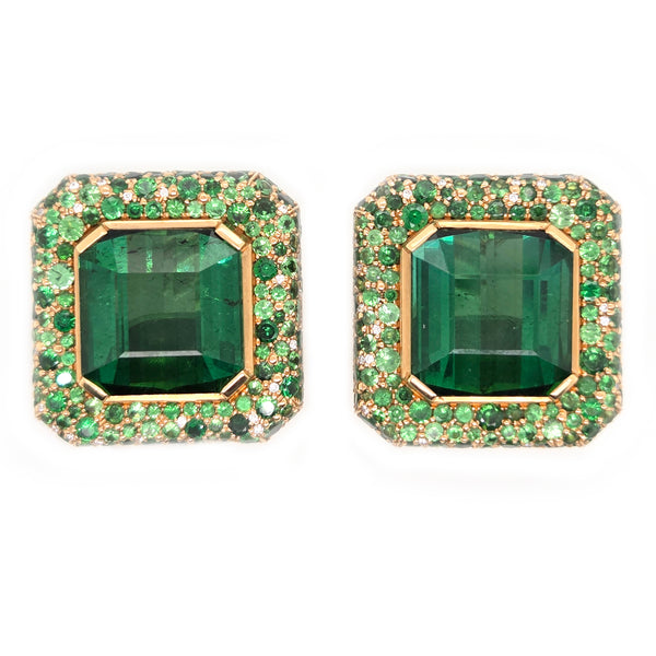 Fochtmann Green Tourmaline Tsavorite Garnet and Diamond Square Cluster Clip Earrings