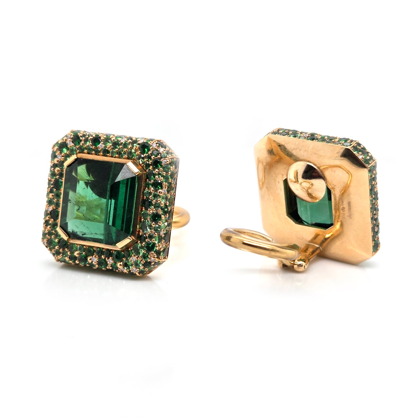 Fochtmann Green Tourmaline Tsavorite Garnet and Diamond Square Cluster Clip Earrings