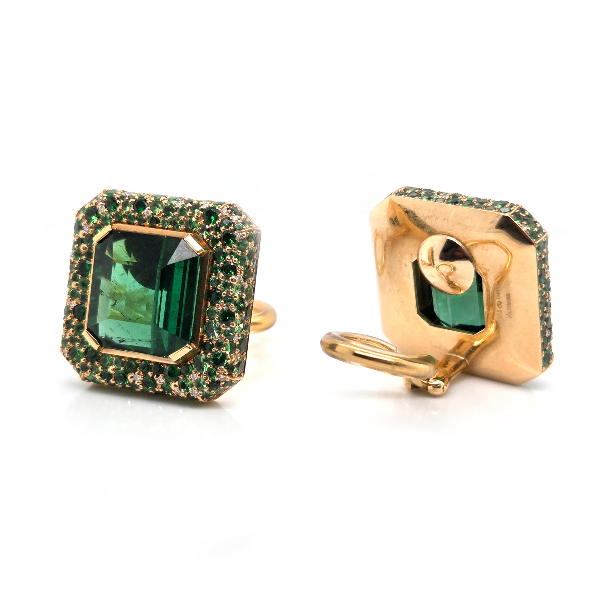 Fochtmann Green Tourmaline Tsavorite Garnet and Diamond Square Cluster Clip Earrings