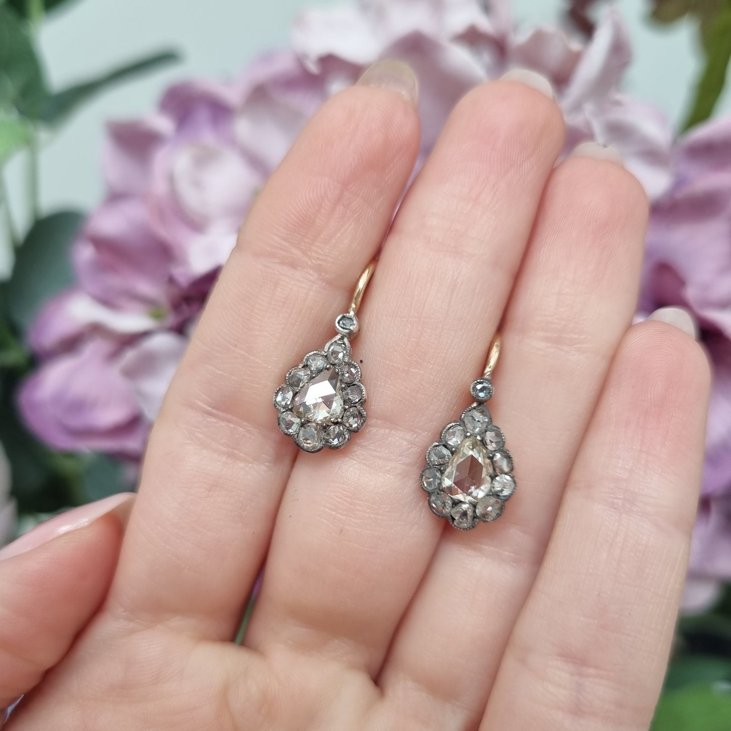 Antique Rose Cut Diamond Pear Shape Cluster Drop Earrings