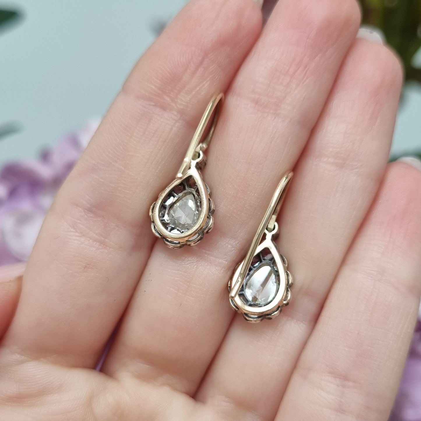 Antique Rose Cut Diamond Pear Shape Cluster Drop Earrings