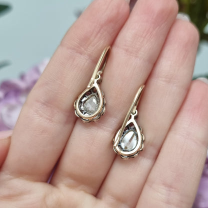 Antique Rose Cut Diamond Pear Shape Cluster Drop Earrings