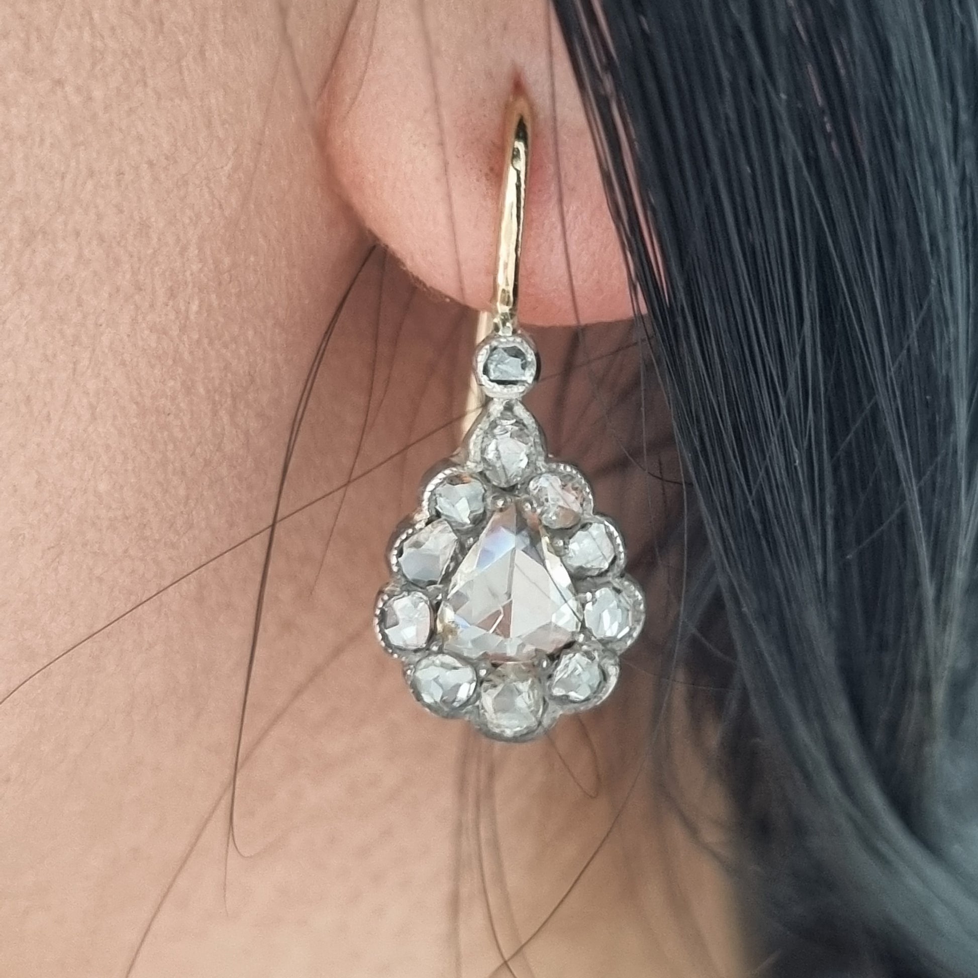 Antique Rose Cut Diamond Pear Shape Cluster Drop Earrings