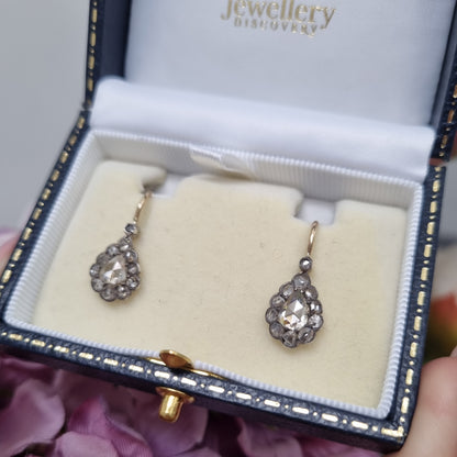 Antique Rose Cut Diamond Pear Shape Cluster Drop Earrings