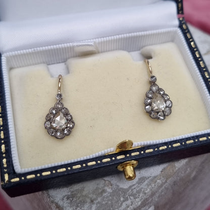 Antique Rose Cut Diamond Pear Shape Cluster Drop Earrings