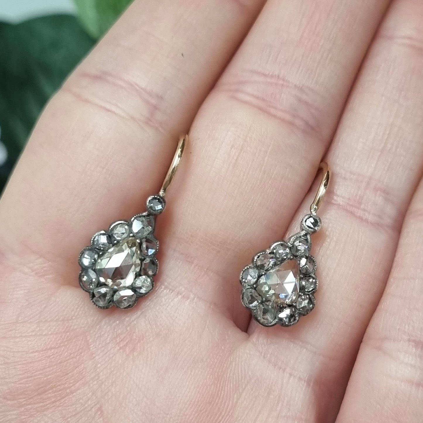 Antique Rose Cut Diamond Pear Shape Cluster Drop Earrings