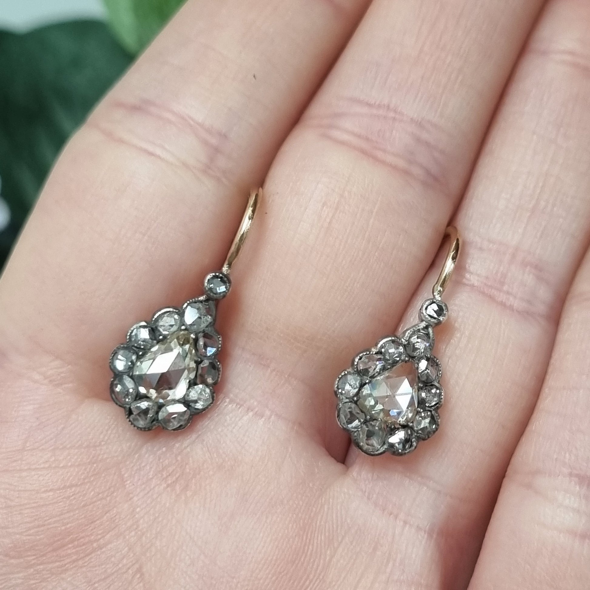 Antique Rose Cut Diamond Pear Shape Cluster Drop Earrings