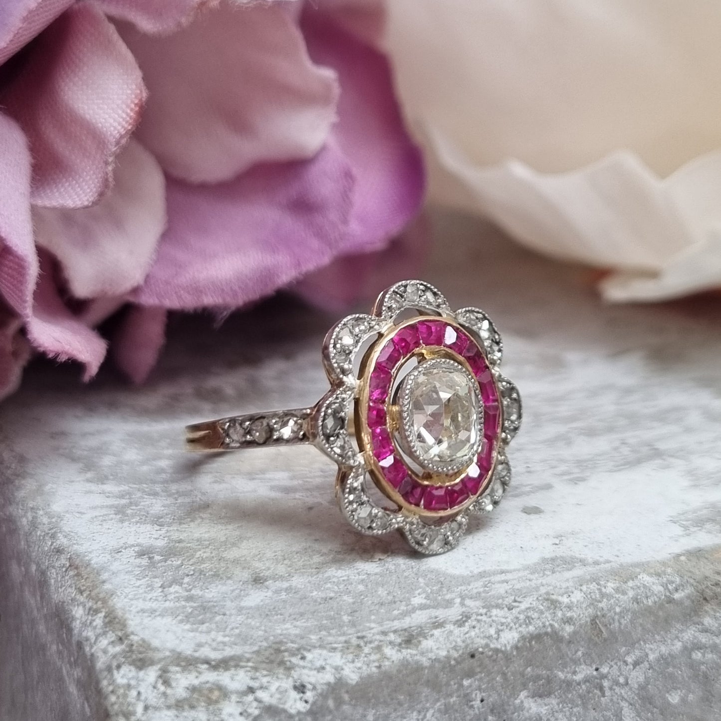 Fine Antique Belle Époque Old-Cut Diamond and Ruby Target Ring