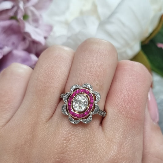 Edwardian Belle Epoque Antique Oval Old Cut Diamond and Ruby Cluster Engagement Ring