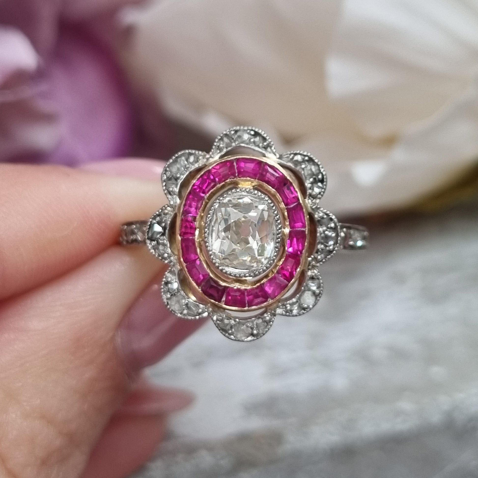 Fine Antique Belle Époque Old-Cut Diamond and Ruby Target Ring