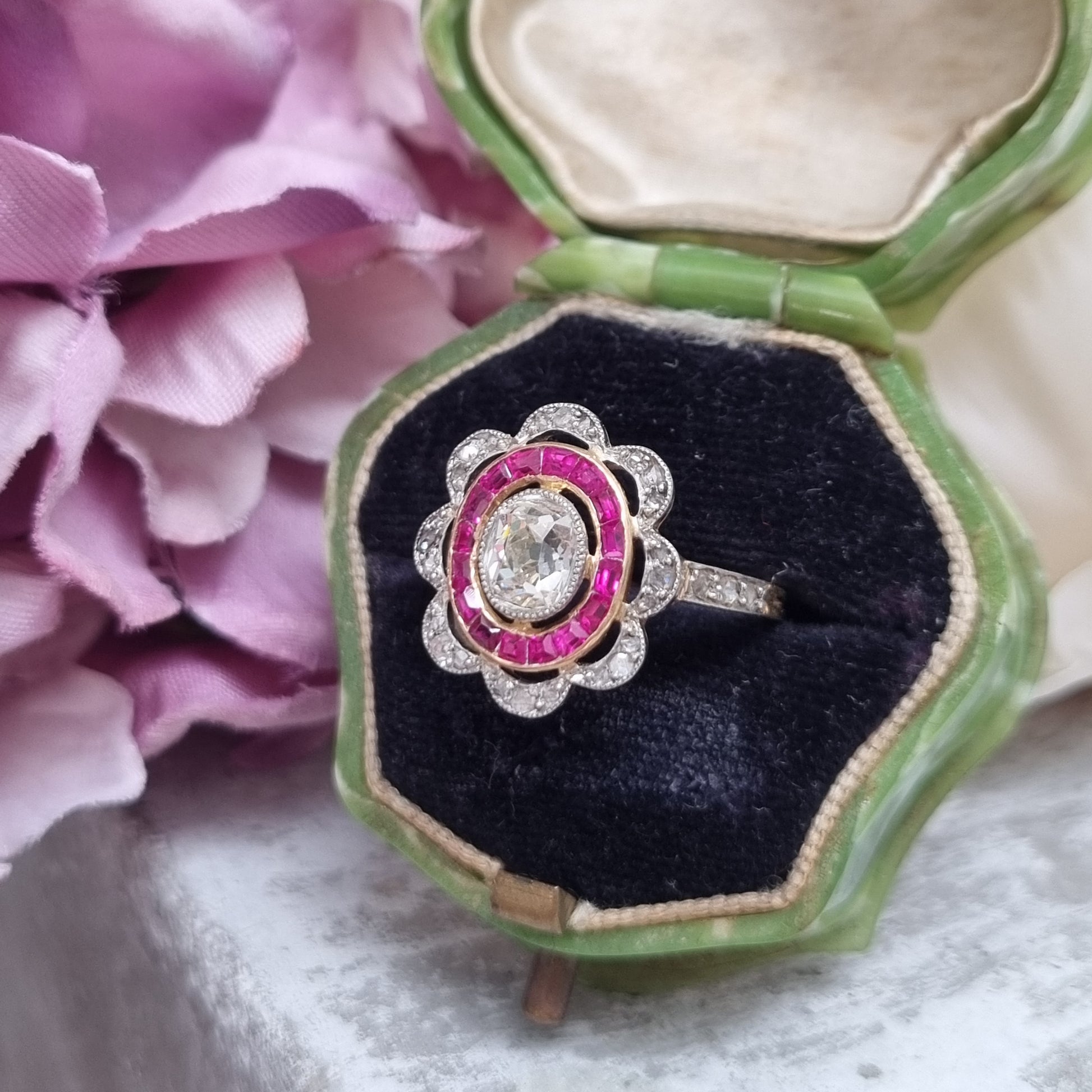 Fine Antique Belle Époque Old-Cut Diamond and Ruby Target Ring