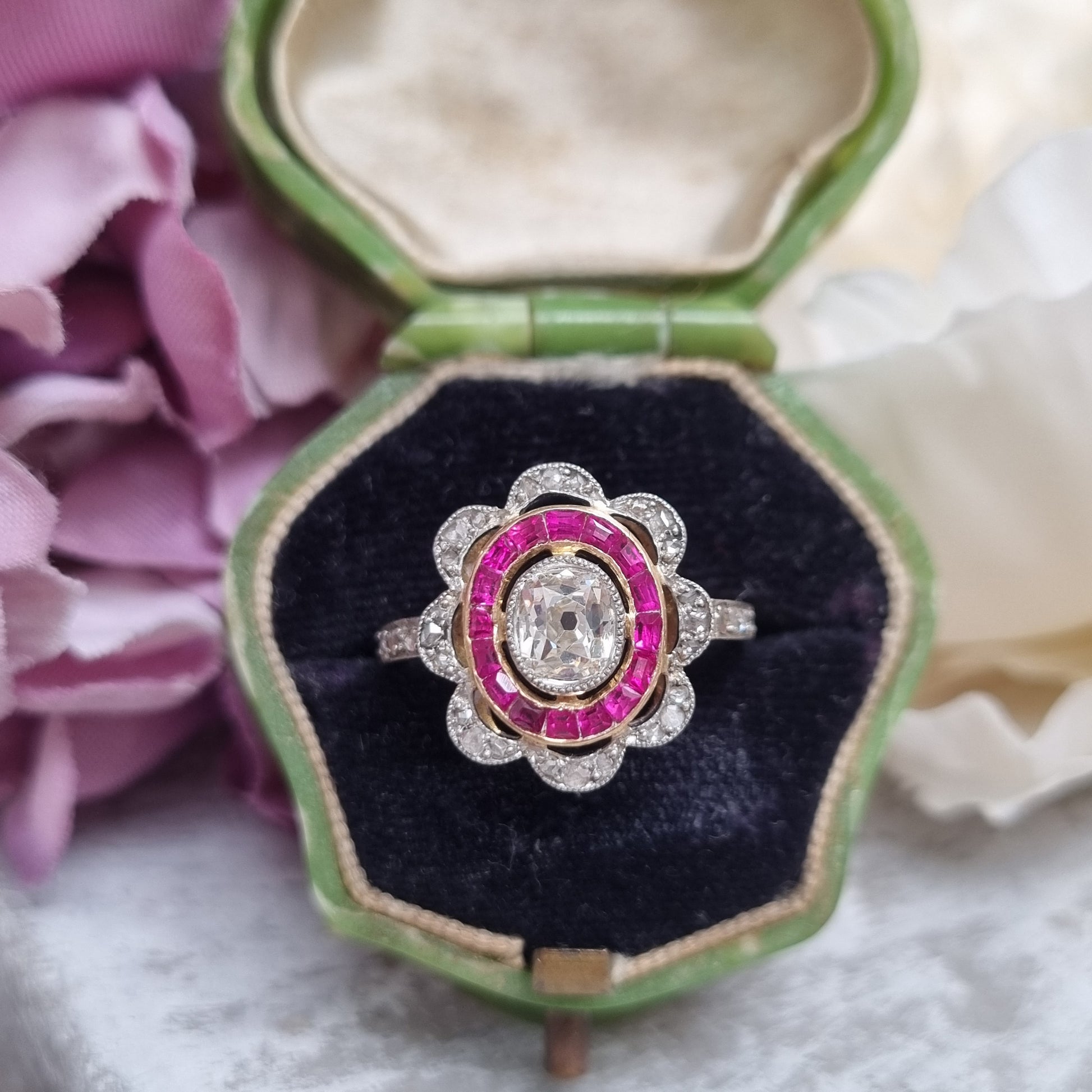 Fine Antique Belle Époque Old-Cut Diamond and Ruby Target Ring