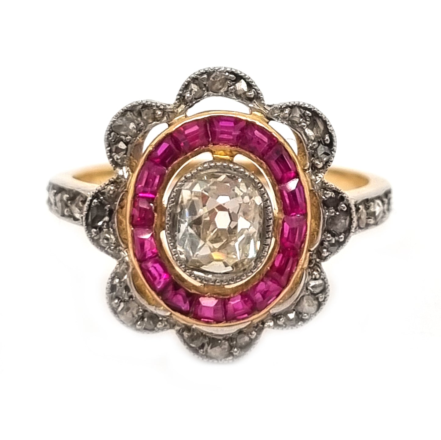 Fine Antique Belle Époque Old-Cut Diamond and Ruby Target Ring