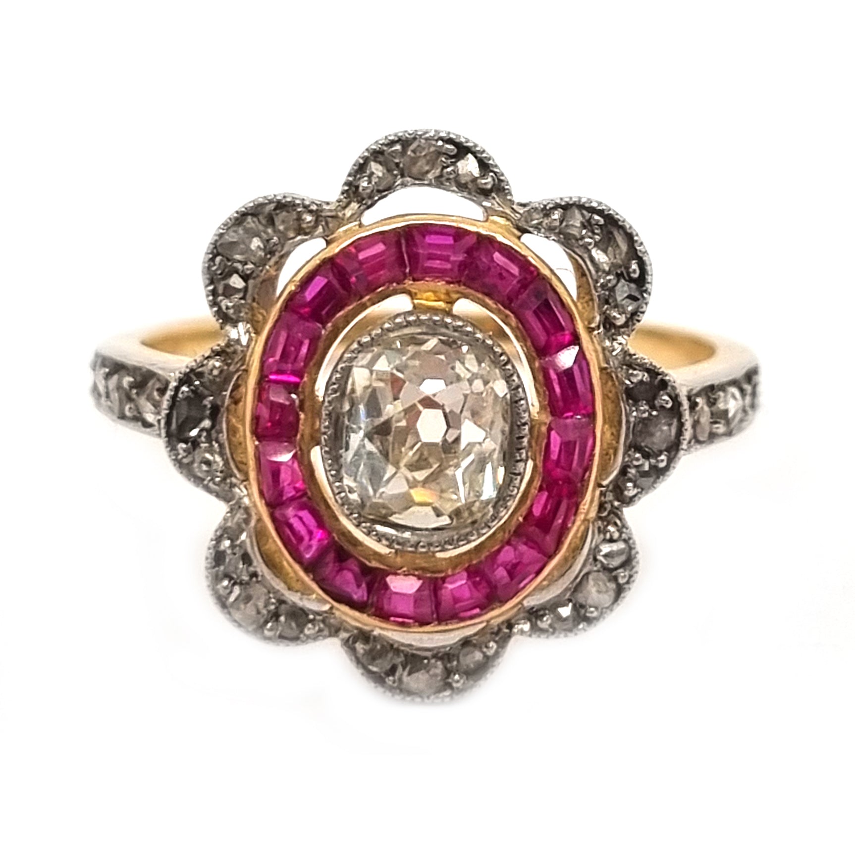 Fine Antique Belle Époque Old-Cut Diamond and Ruby Target Ring