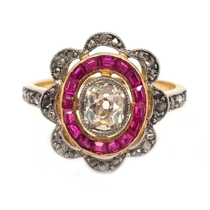 Fine Antique Belle Époque Old-Cut Diamond and Ruby Target Ring