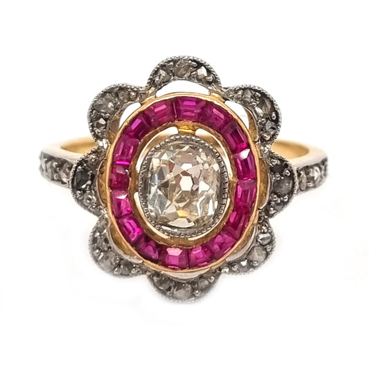 Antique Belle Epoque Old Cut Diamond and Ruby Target Cluster Engagement Ring