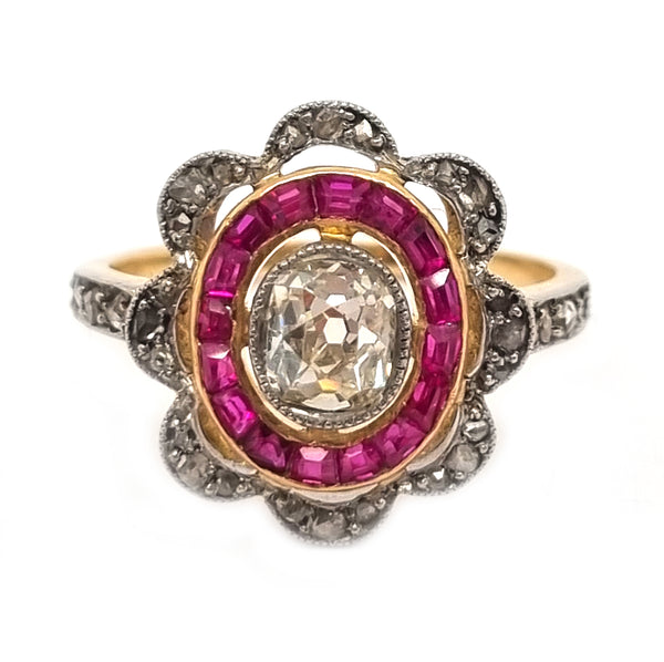 Fine Antique Belle Époque Old-Cut Diamond and Ruby Target Ring