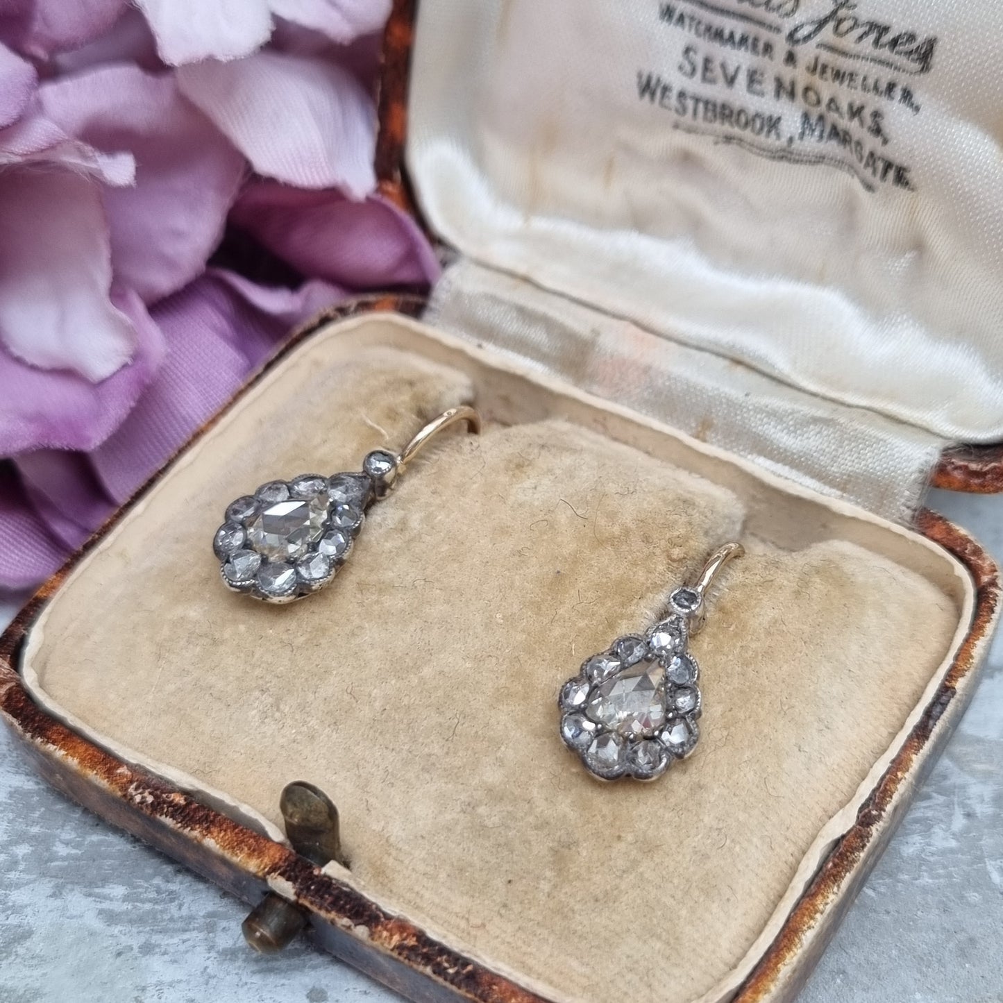 Antique Rose Cut Diamond Pear Shape Cluster Drop Earrings