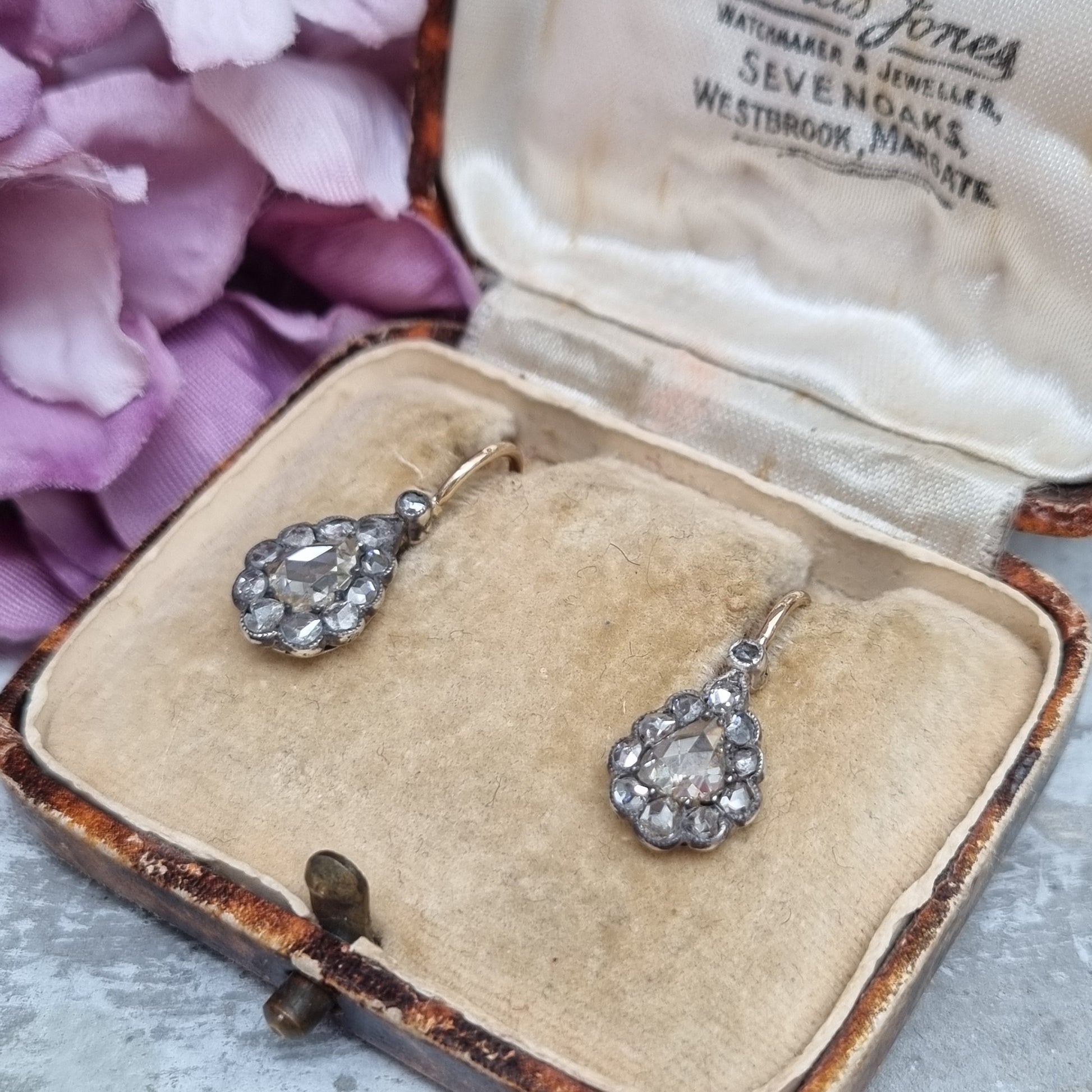 Antique Rose Cut Diamond Pear Shape Cluster Drop Earrings