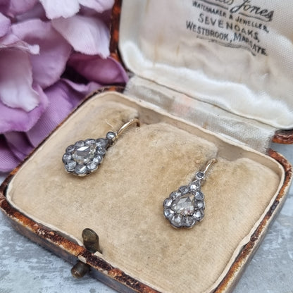 Antique Rose Cut Diamond Pear Shape Cluster Drop Earrings