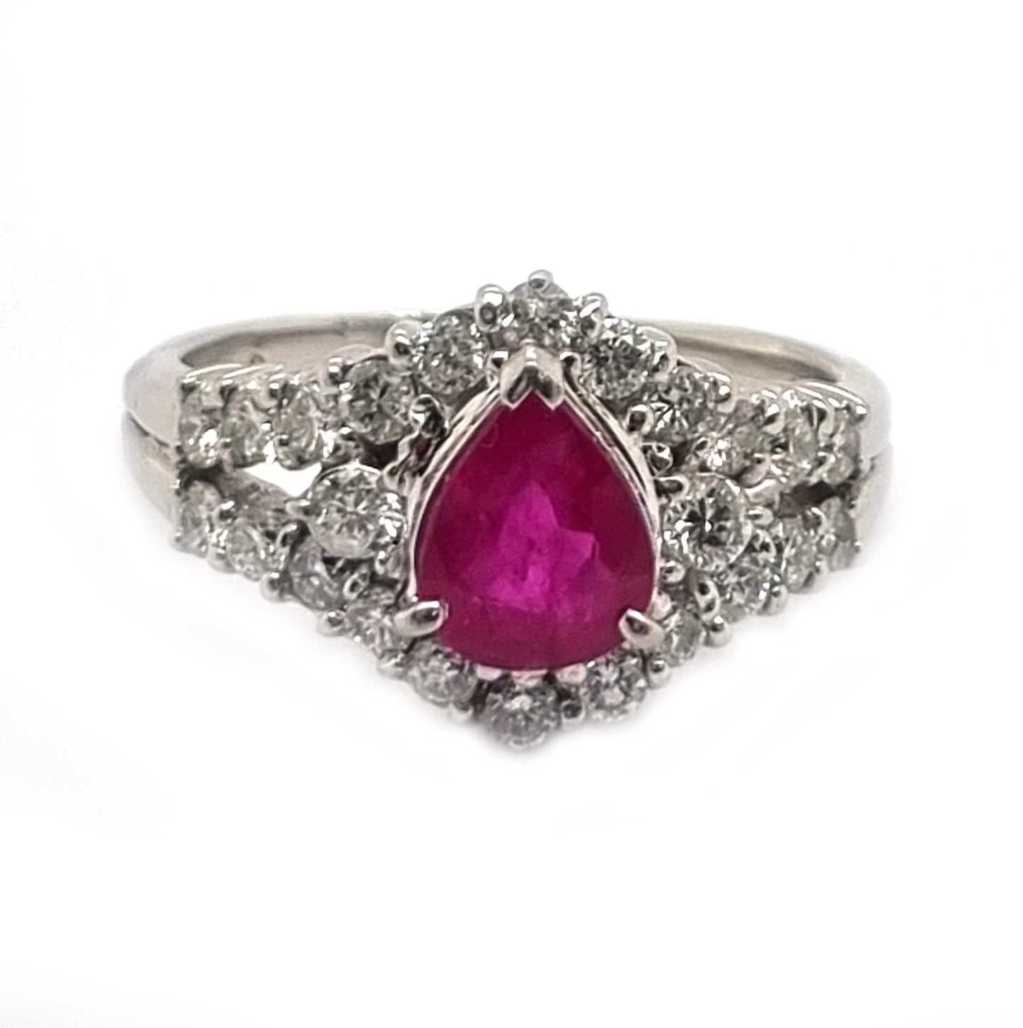 1ct Pear Cut Ruby and Diamond Cluster Engagement Ring in Platinum