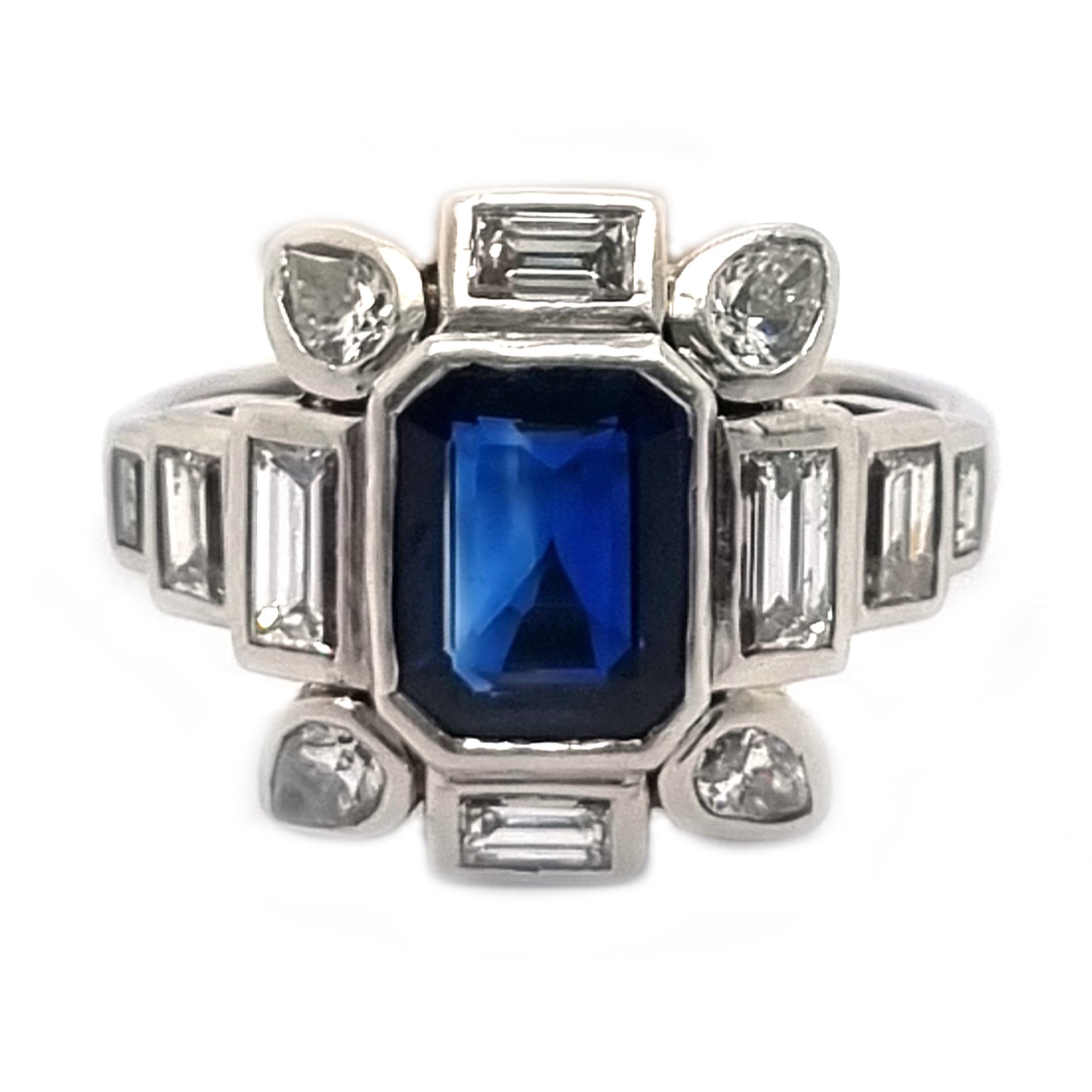 Art Deco Sapphire and Baguette Diamond Cluster Engagement Ring