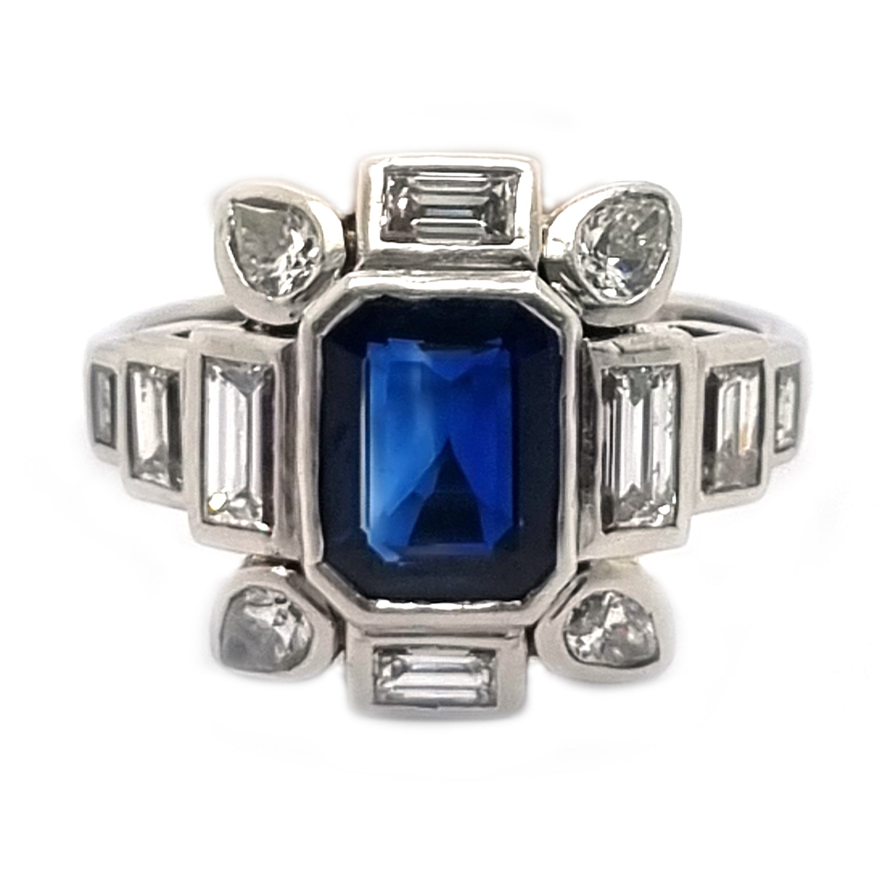 Art Deco Sapphire and Baguette Diamond Cluster Engagement Ring
