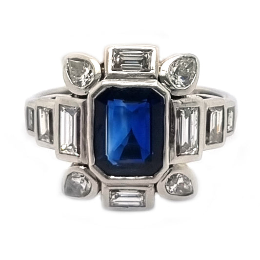 Antique Vintage Art Deco Sapphire and Baguette Diamond Cluster Engagement Ring