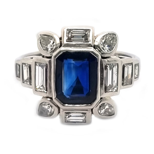 Art Deco Sapphire and Baguette Diamond Cluster Engagement Ring