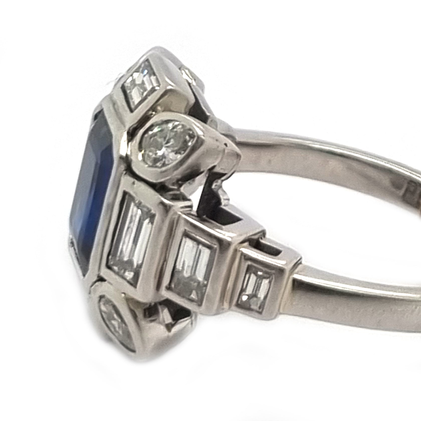 Art Deco Sapphire and Baguette Diamond Cluster Engagement Ring