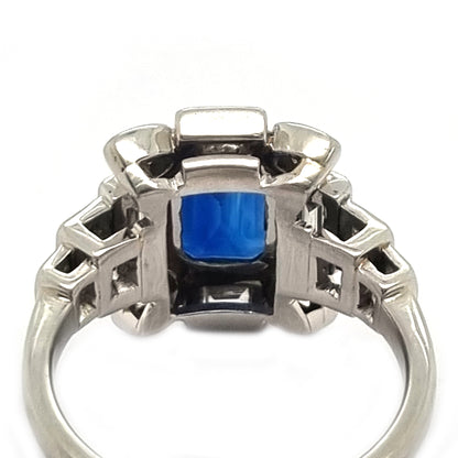 Art Deco Sapphire and Baguette Diamond Cluster Engagement Ring