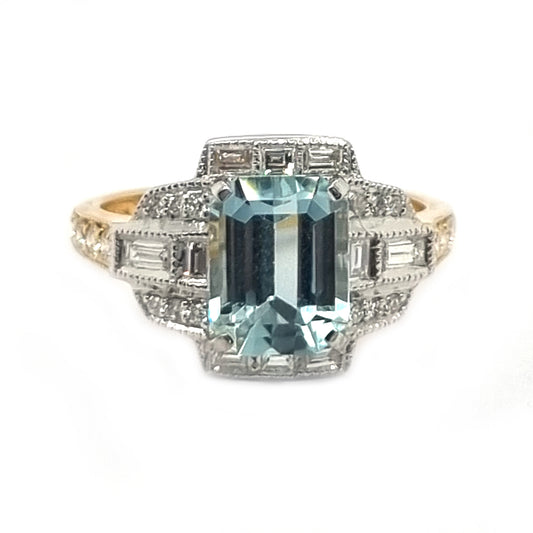 2.34ct Emerald Cut Aquamarine and Diamond Cluster Engagement Ring in 18ct White and Yellow Gold