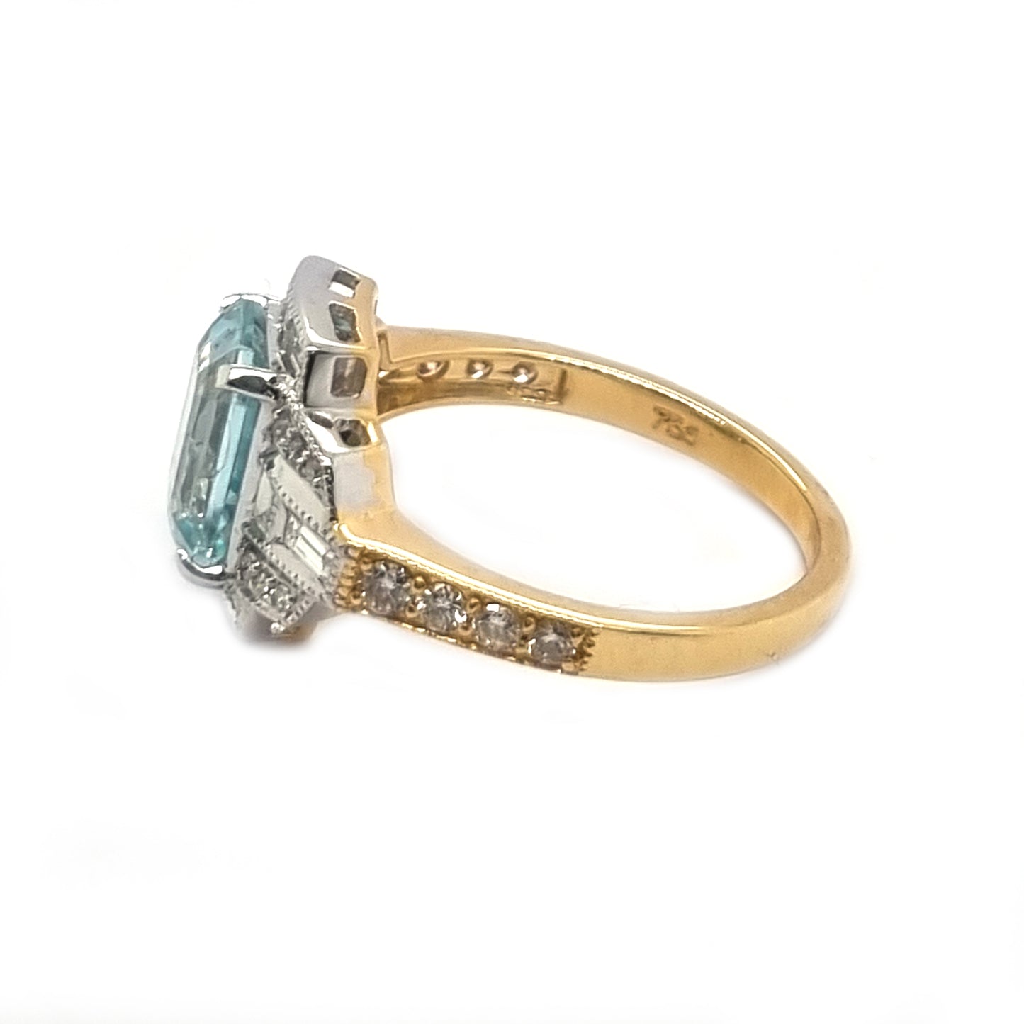2.34ct Emerald Cut Aquamarine and Diamond Cluster Engagement Ring in 18ct White and Yellow Gold