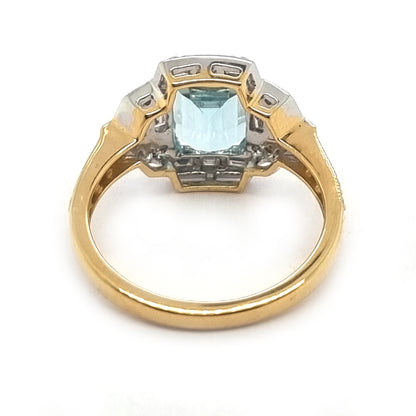 2.34ct Emerald Cut Aquamarine and Diamond Cluster Engagement Ring in 18ct White and Yellow Gold