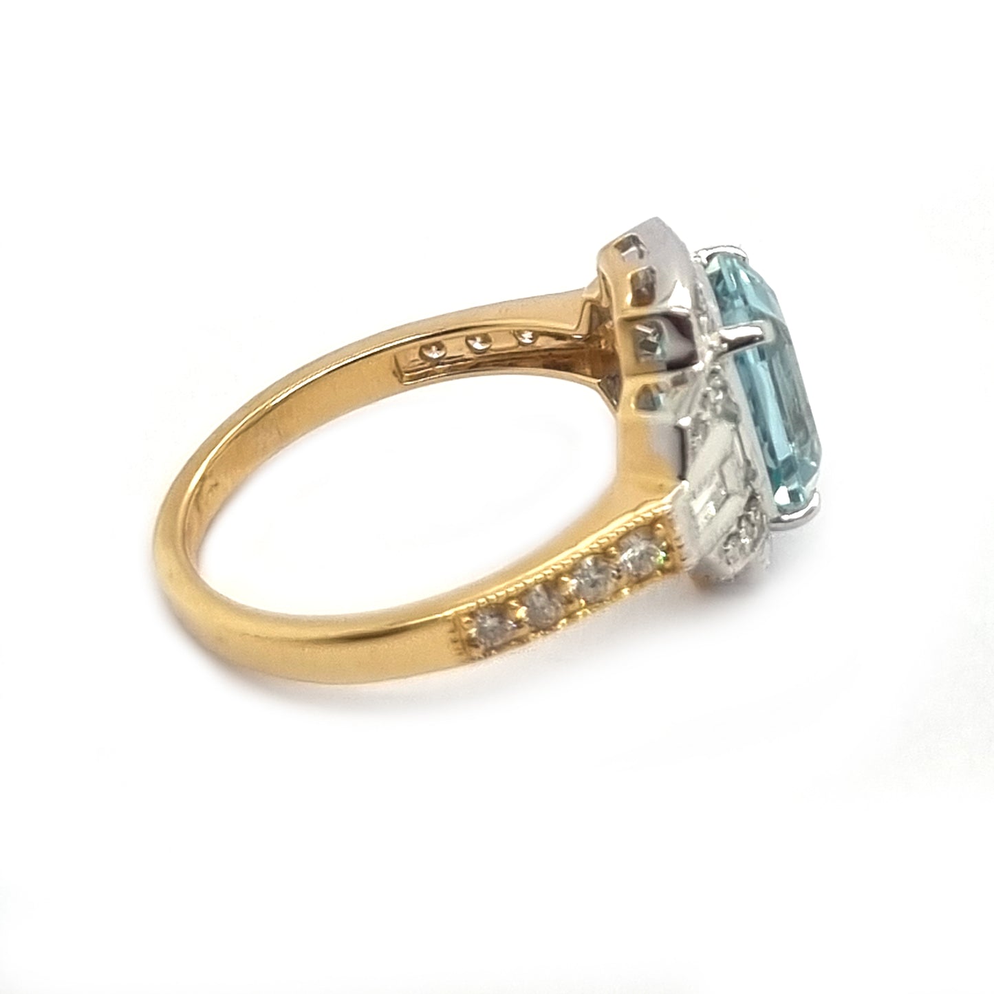 2.34ct Emerald Cut Aquamarine and Diamond Cluster Engagement Ring in 18ct White and Yellow Gold
