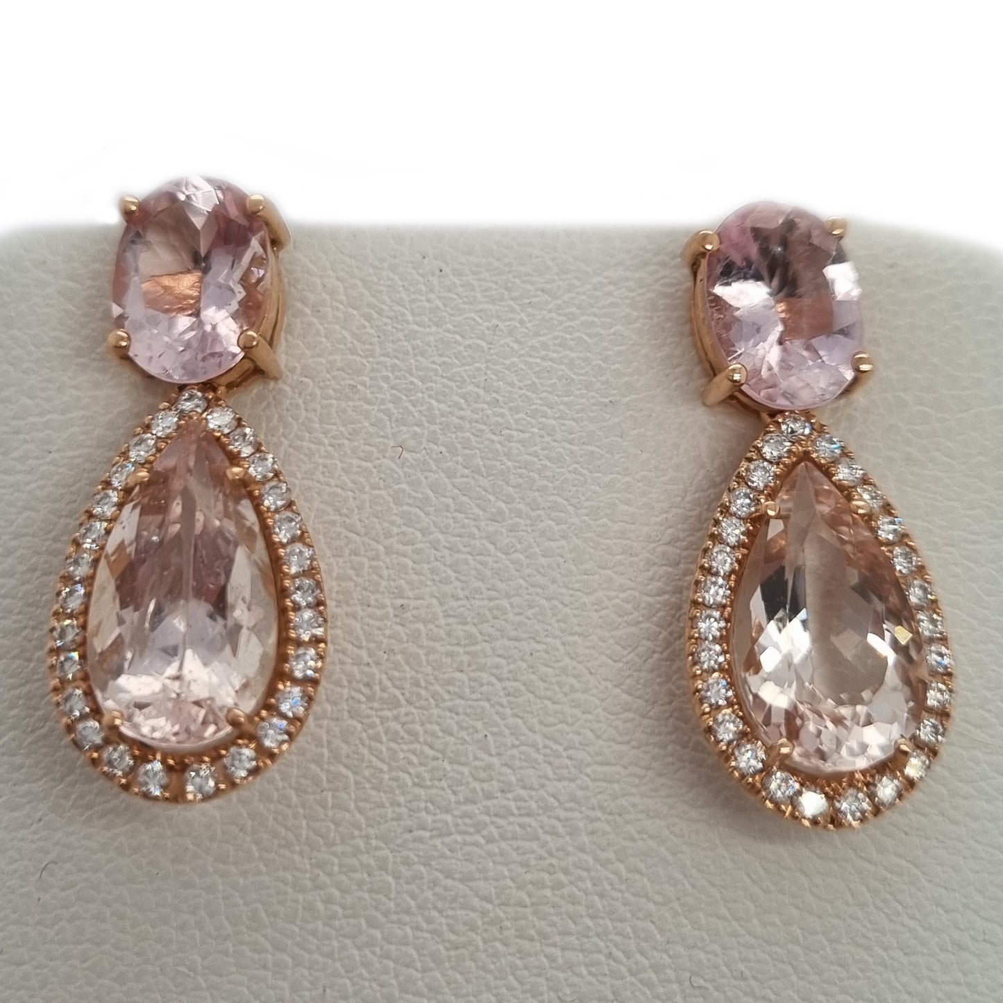 6.98 Pear Cut Morganite and Diamond Cluster Drop Earrings in Rose Gold