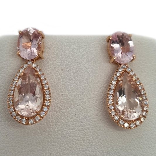 6.98 Pear Cut Morganite and Diamond Cluster Drop Earrings in Rose Gold