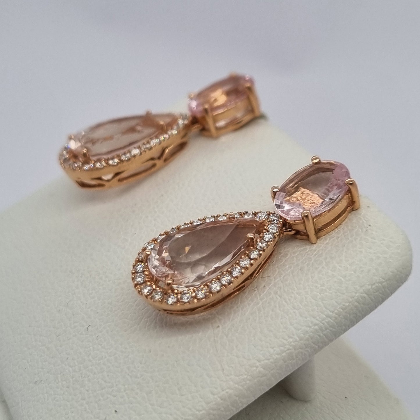 6.98 Pear Cut Morganite and Diamond Cluster Drop Earrings in Rose Gold