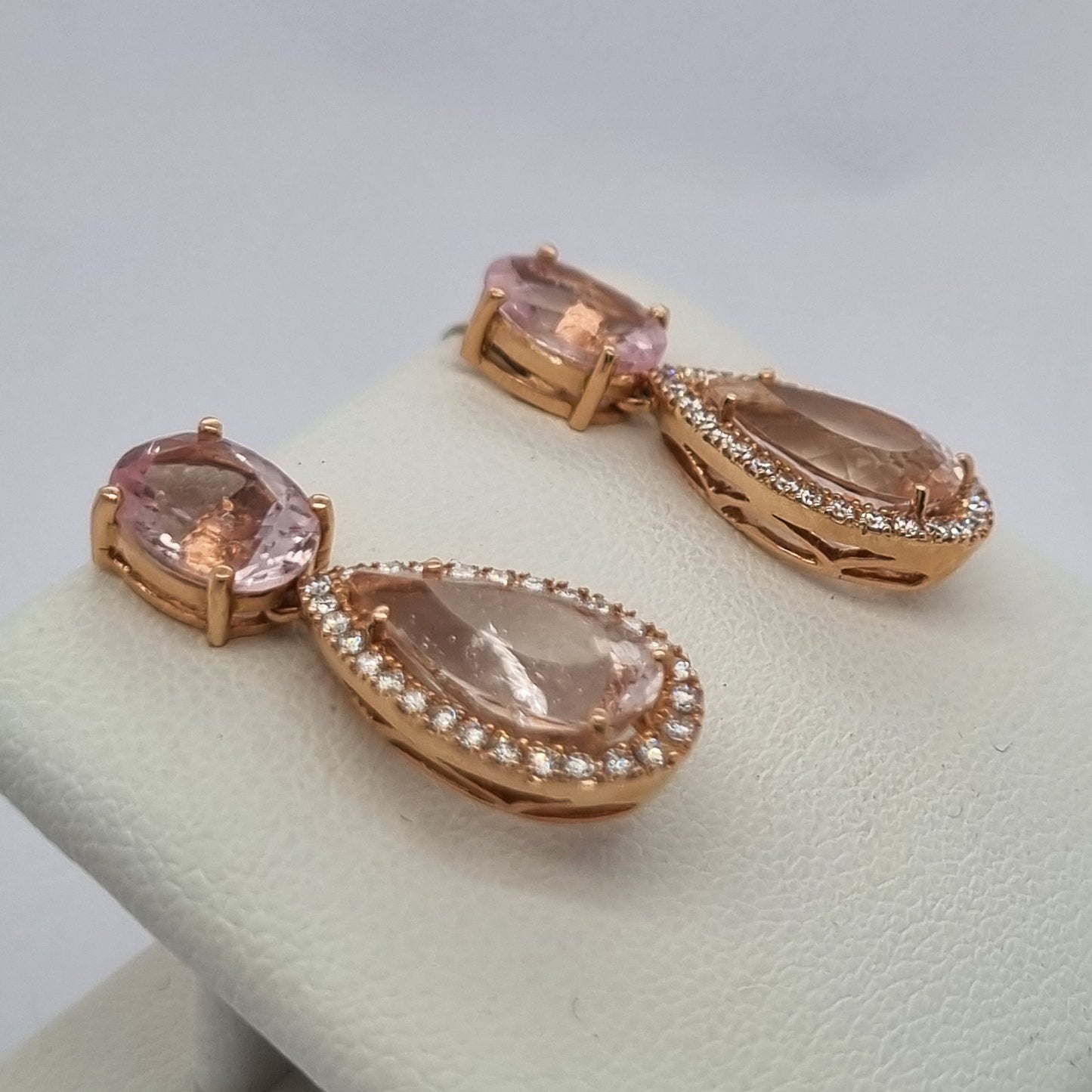 6.98 Pear Cut Morganite and Diamond Cluster Drop Earrings in Rose Gold