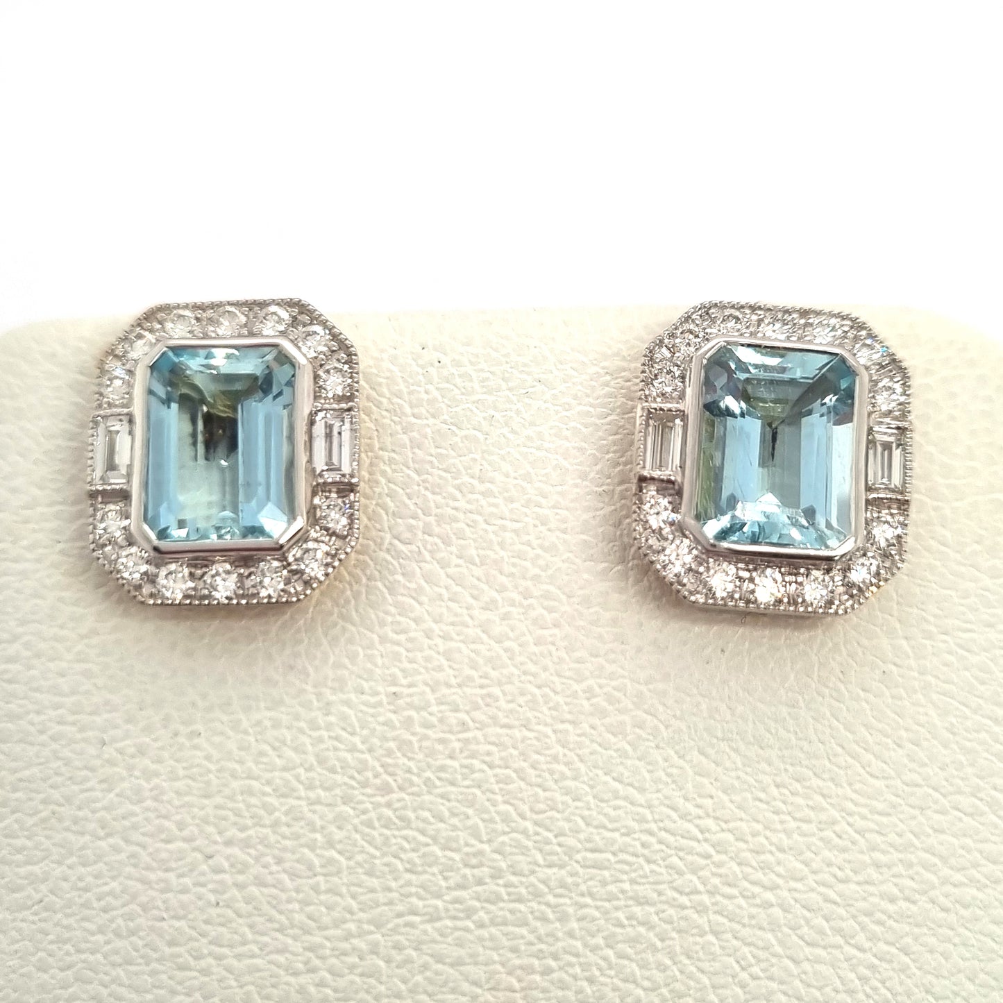 3.18ct Emerald Cut Aquamarine and Diamond Cluster Stud Earrings