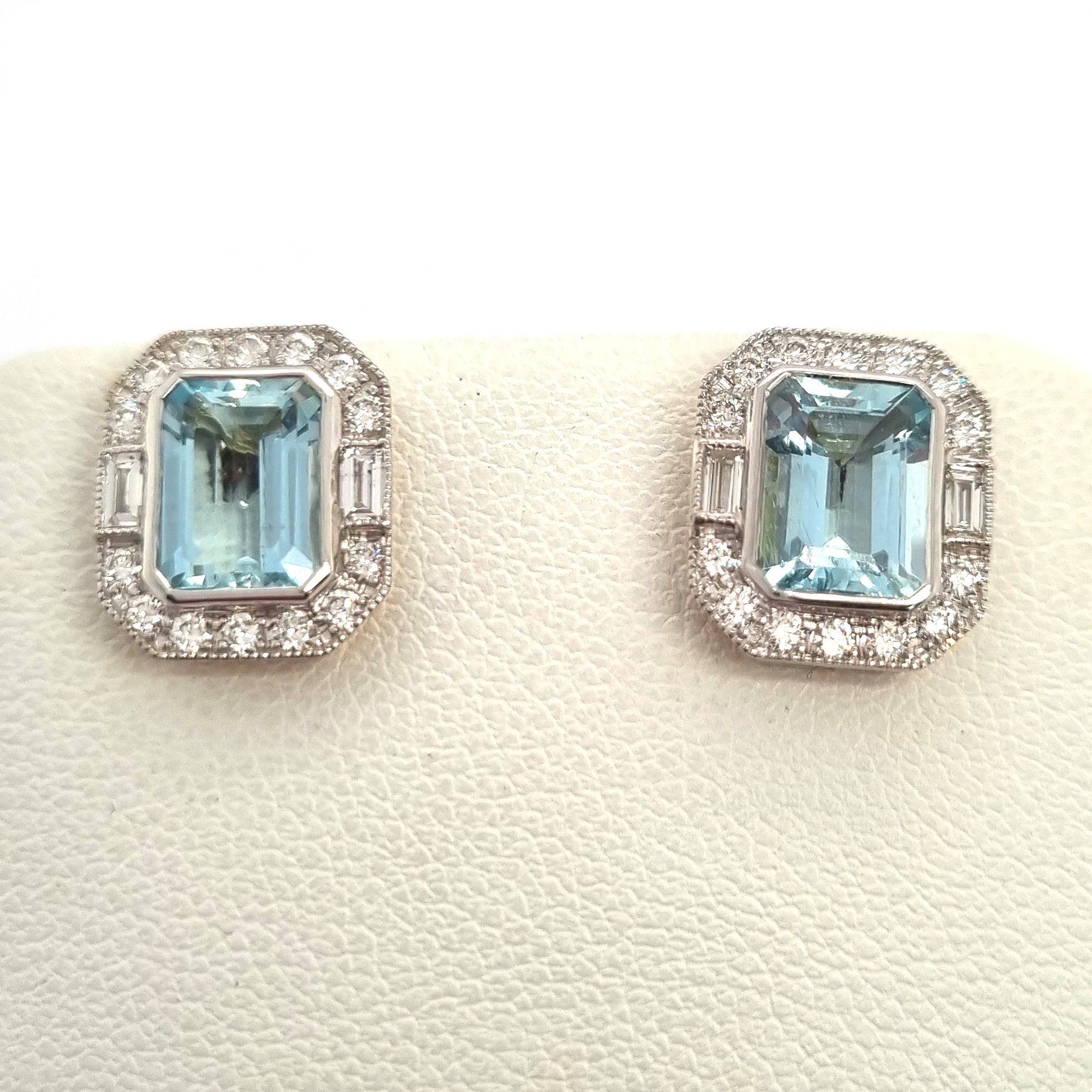 3.18ct Emerald Cut Aquamarine and Diamond Cluster Stud Earrings