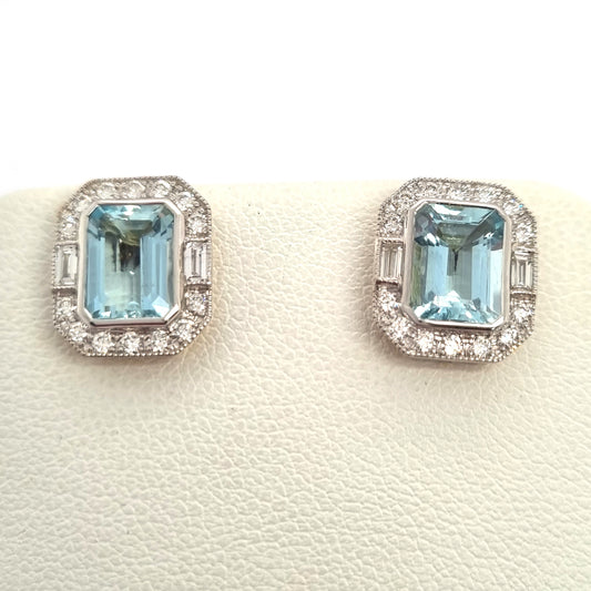 3.18ct Emerald Cut Aquamarine and Diamond Cluster Stud Earrings