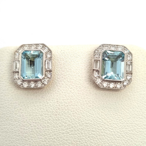 3.18ct Emerald Cut Aquamarine and Diamond Cluster Stud Earrings