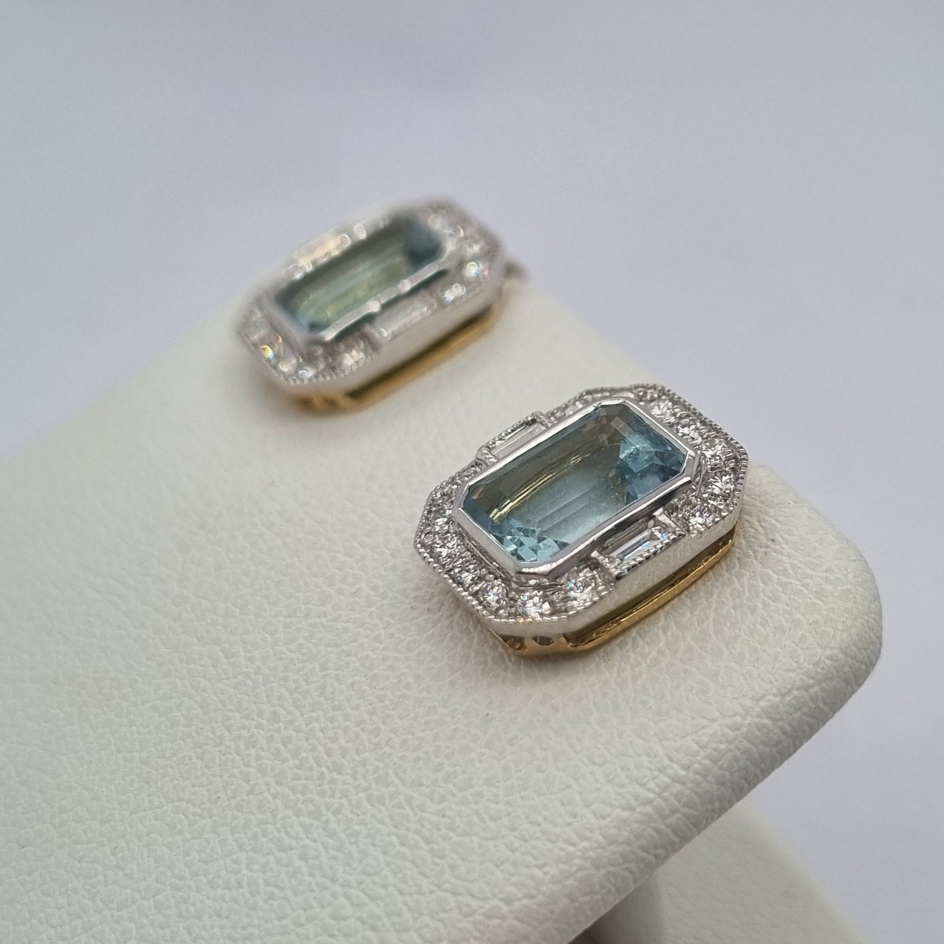 3.18ct Emerald Cut Aquamarine and Diamond Cluster Stud Earrings