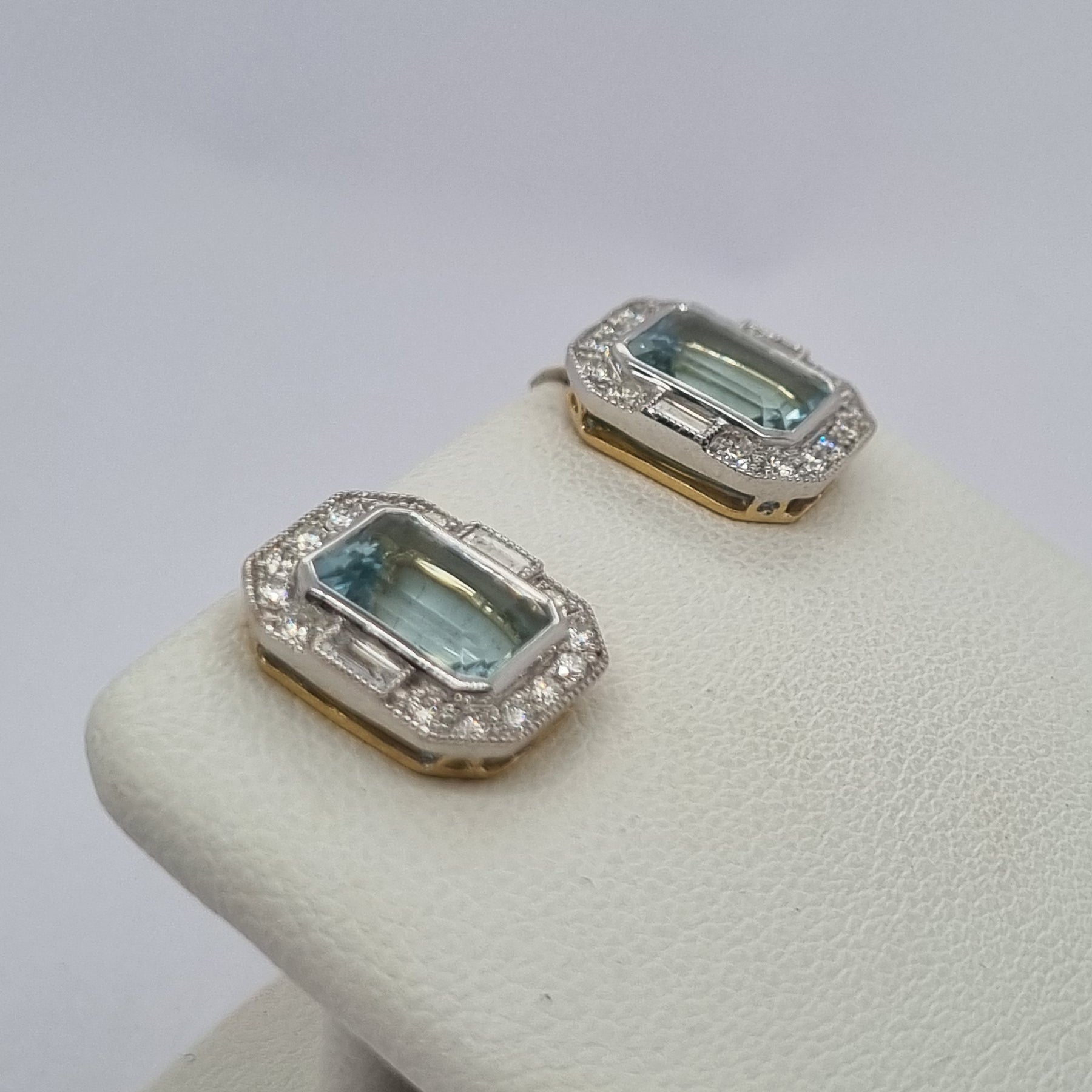 3.18ct Emerald Cut Aquamarine and Diamond Cluster Stud Earrings