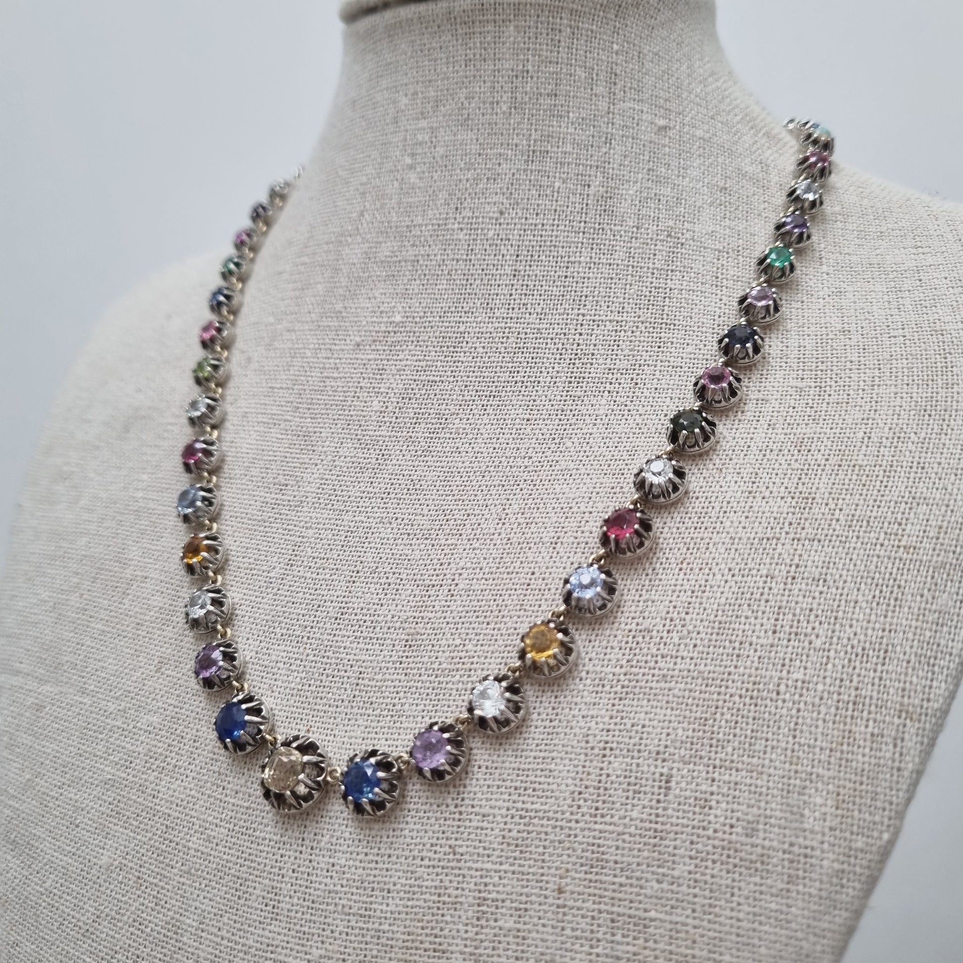 Antique Multi Gemstone Harlequin Riviere Necklace