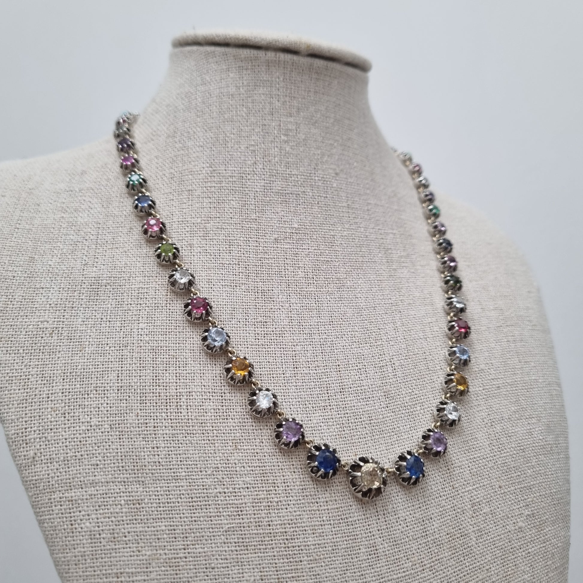 Antique Multi Gemstone Harlequin Riviere Necklace