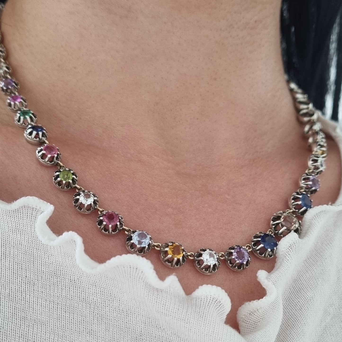 Antique Multi Gemstone Harlequin Riviere Necklace
