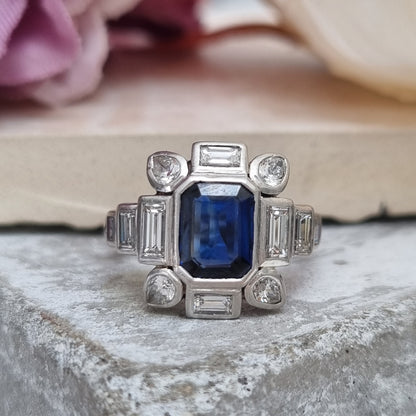 Art Deco Sapphire and Baguette Diamond Cluster Engagement Ring